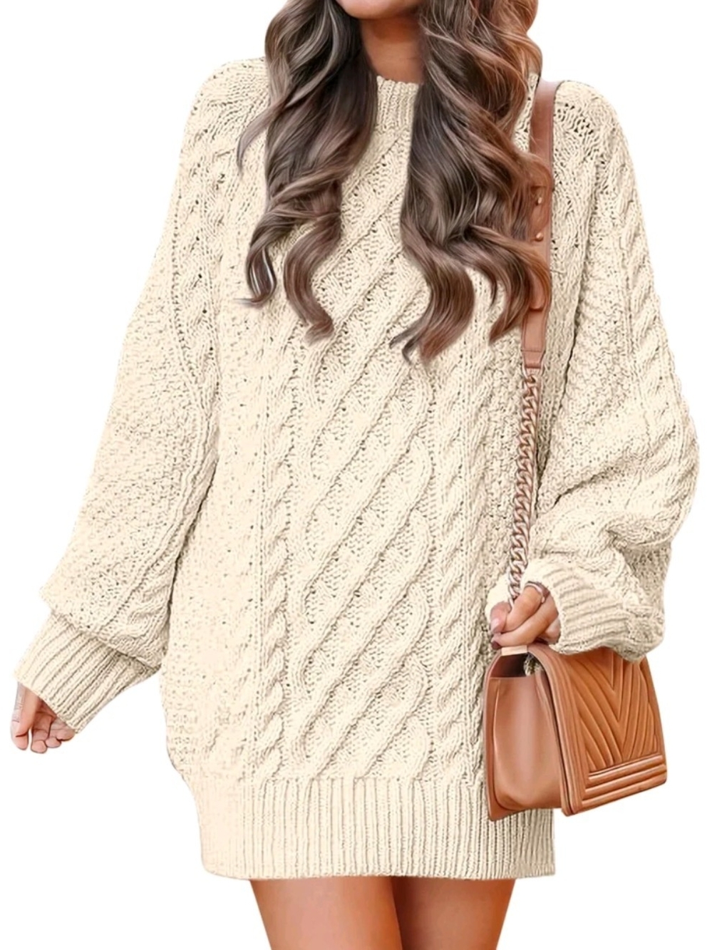 Women's Cable Knit Crewneck Sweater Dress - Cream